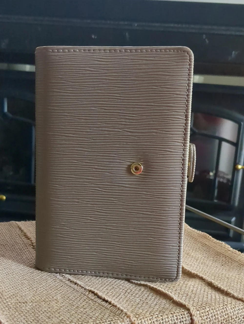 A6 Saffiano Binder In Taupe with Gold Hardware.